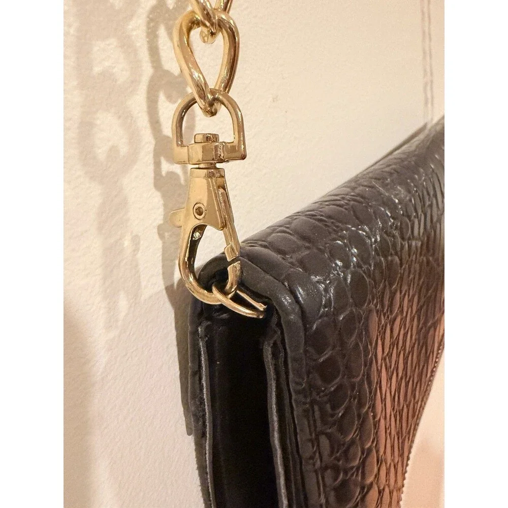 Black Crocodile Embossed Crossbody Clutch, Zip/Snap, Detach Chain Strap, Gold